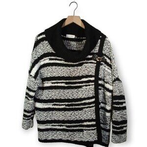𝅺calvin Klein Black and White Cowl Neck Wrap Buckle Pullover Sweater Size S/M